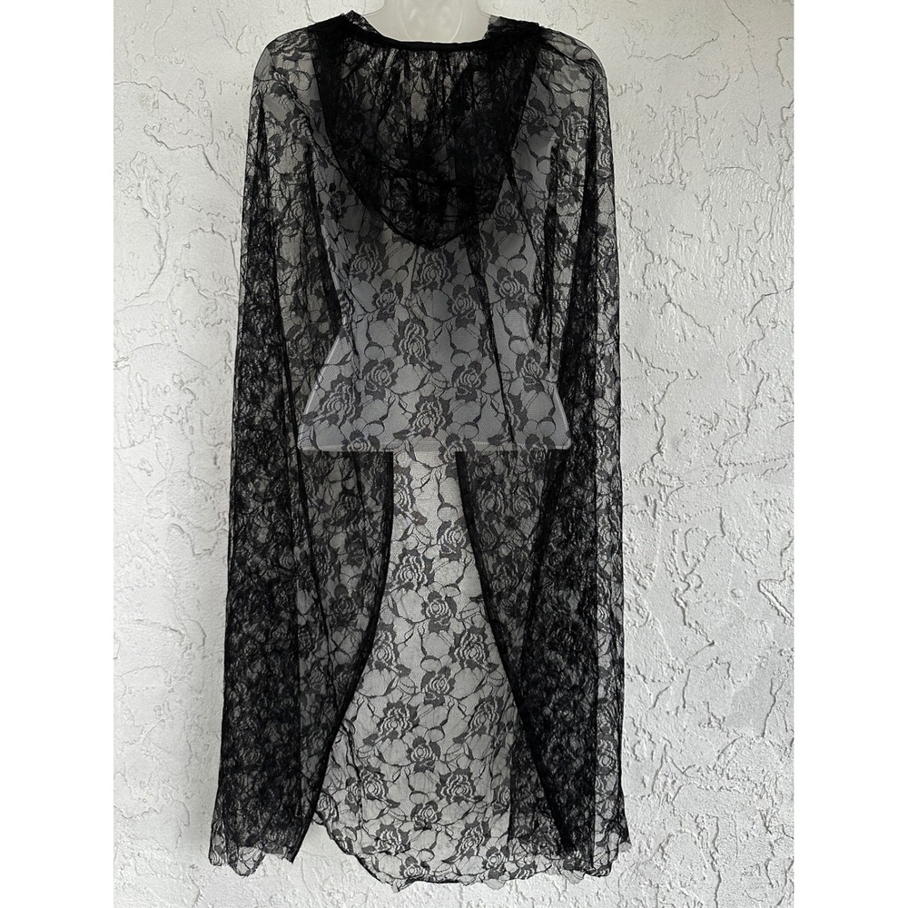 Black Floral Lace Hooded Cape Sheer Rose Pattern Ribbon Tie Cloak One Size
